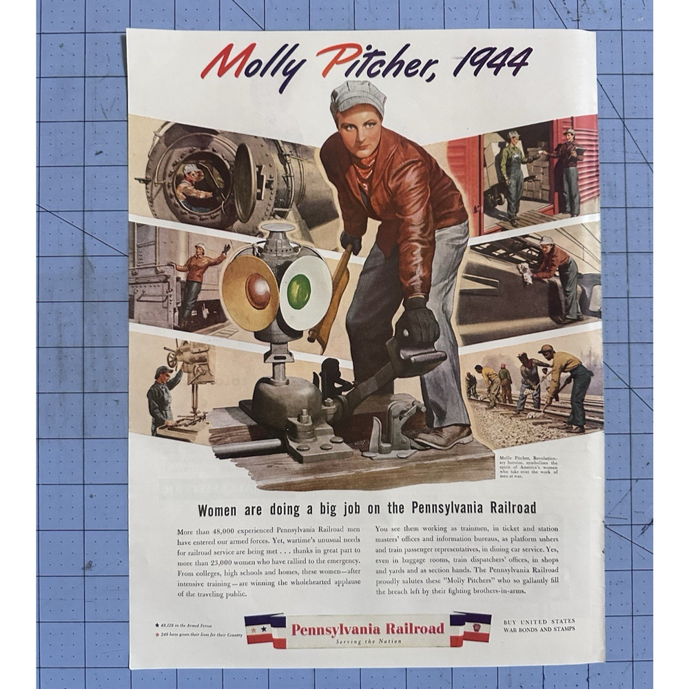 Pennsylvania Railroad Color Print Ad WW2 Era Molly Pitcher 1944 Female Worker